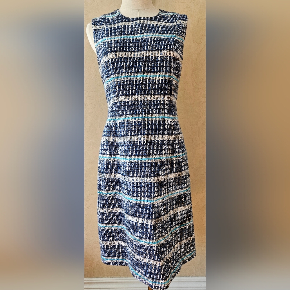 TORY BURCH Petra Blue Tweed Sheath Dress Blue and White